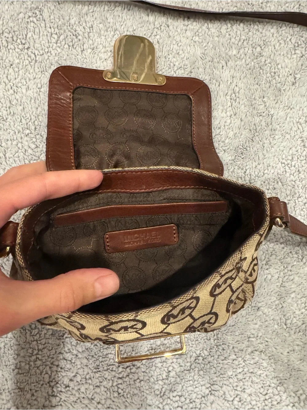 Michael Kors Beige and Brown Logo Crossbody with Gold Hardware